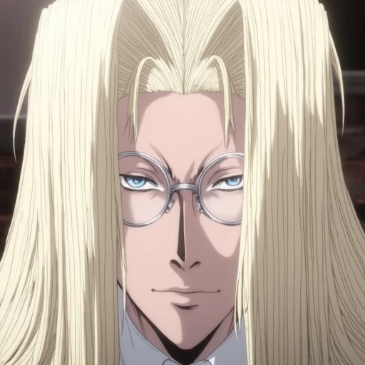 digital drawing in the anime style, showcasing a close-up of Integra Hellsing a stern-looking woman with striking features. She has long, flowing platinum blonde hair that falls straight down his back, framing her face. Her eyes are a piercing blue, and he wears round, wire-framed glasses that sit slightly askew on her face, adding to his