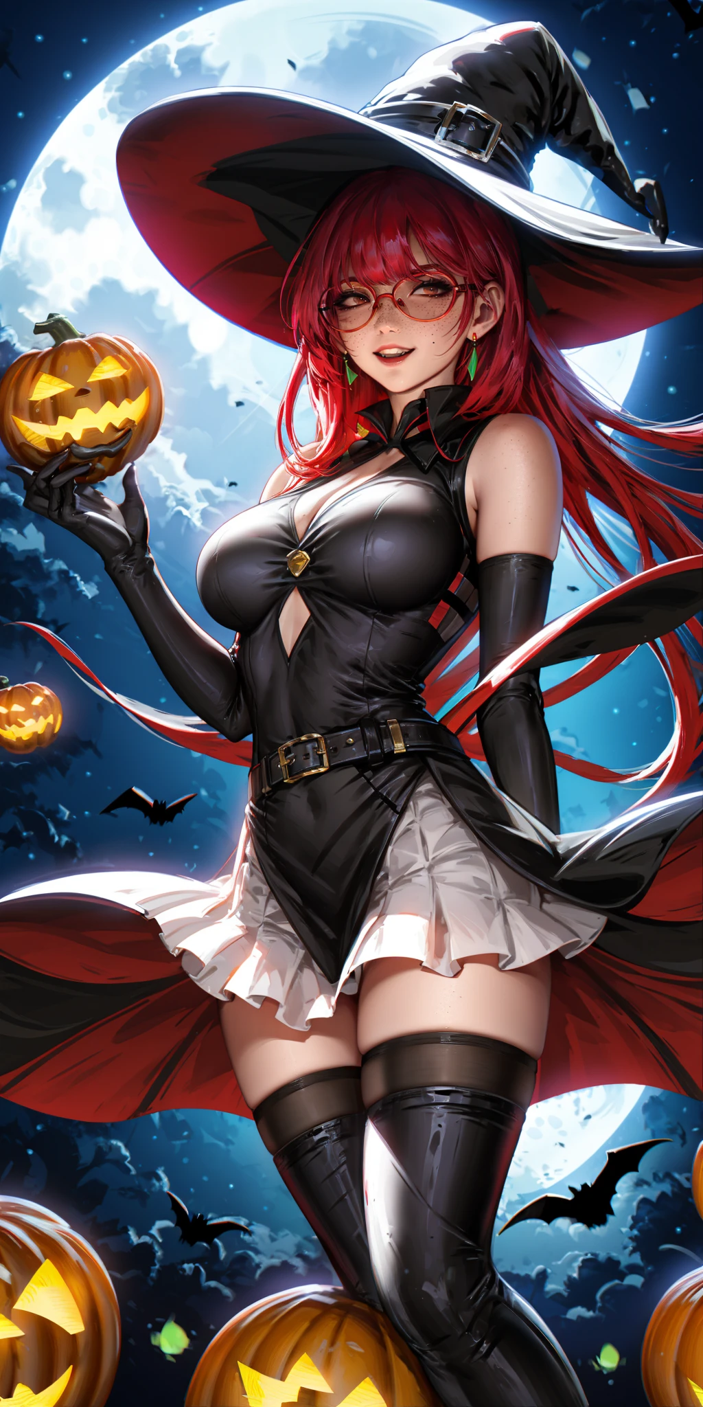 HEZI,Hot girls,Two dimensional,hand drawing,atmosphere,1girl,long hair,gloves,thighhighs,glasses,bare shoulders,night,round eyewear,closed eyes,holding,skirt,red hair,black gloves,belt,smile,hat,bat \(animal\),elbow gloves,black headwear,breasts,witch hat,striped,bangs,multiple others,parted lips,white skirt,pumpkin,teeth,ponytail,pink hair,black-framed eyewear,outdoors,moon,medium breasts,weapon,multiple boys,solo,solo focus,jewelry,alternate costume,freckles,zettai ryouiki,2others,night sky,sky,holding weapon,jack-o'-lantern,2boys,red lips,cat,striped thighhighs,staff,earrings,blurry,thigh boots,magic,shiny,red thighhighs,3others,building,artist name,open mouth,book,blurry background,wand,vest,witch,instrument,large breasts,floating hair,broom,official alternate costume,upper teeth only,creature,dress,halloween,
<lora:辣妹-000022:0.7>,