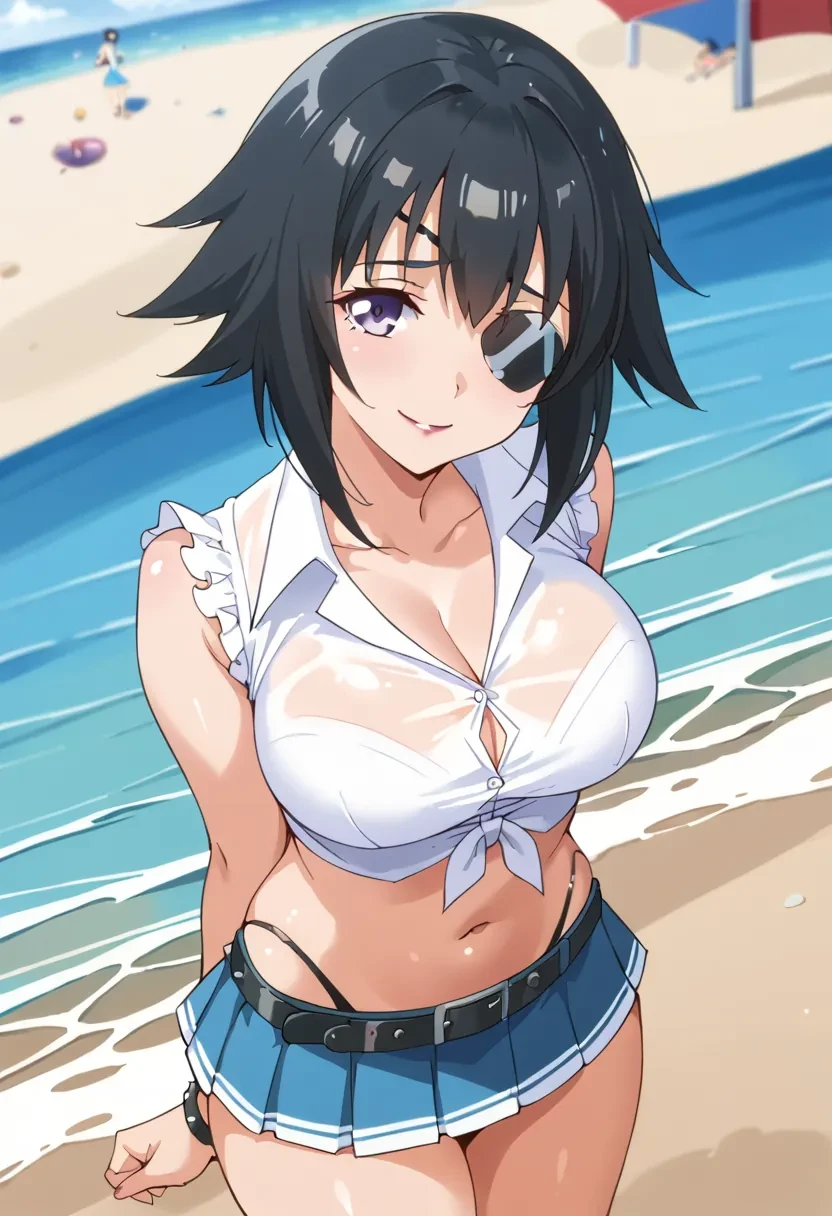 score_9, score_8_up, score_7_up, score_6_up,
masterpiece,

1girl, solo,

Saejima Kibami, eyepatch, purple eyes, black hair, short hair, belt, crop top, navel, midriff, skirt, miniskirt,

in beach, sunny , sea, sand, sun, looking at viewer, happy, dutch angle, curvy