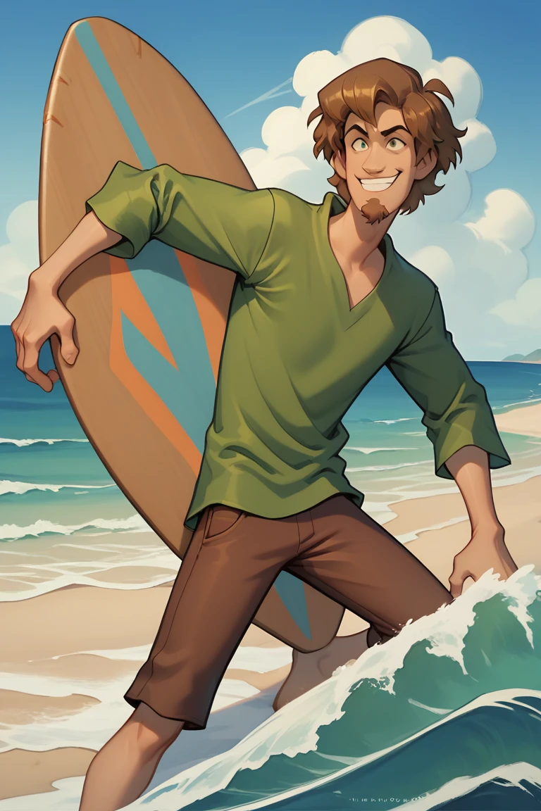 score_9, score_8_up, score_7_up, ShaggyRogers, 1boy, goatee, brown hair, brown pants, green shirt, solo, holding surfboard, smiling, beach, ocean, sunny day, blue sky, sand, waves