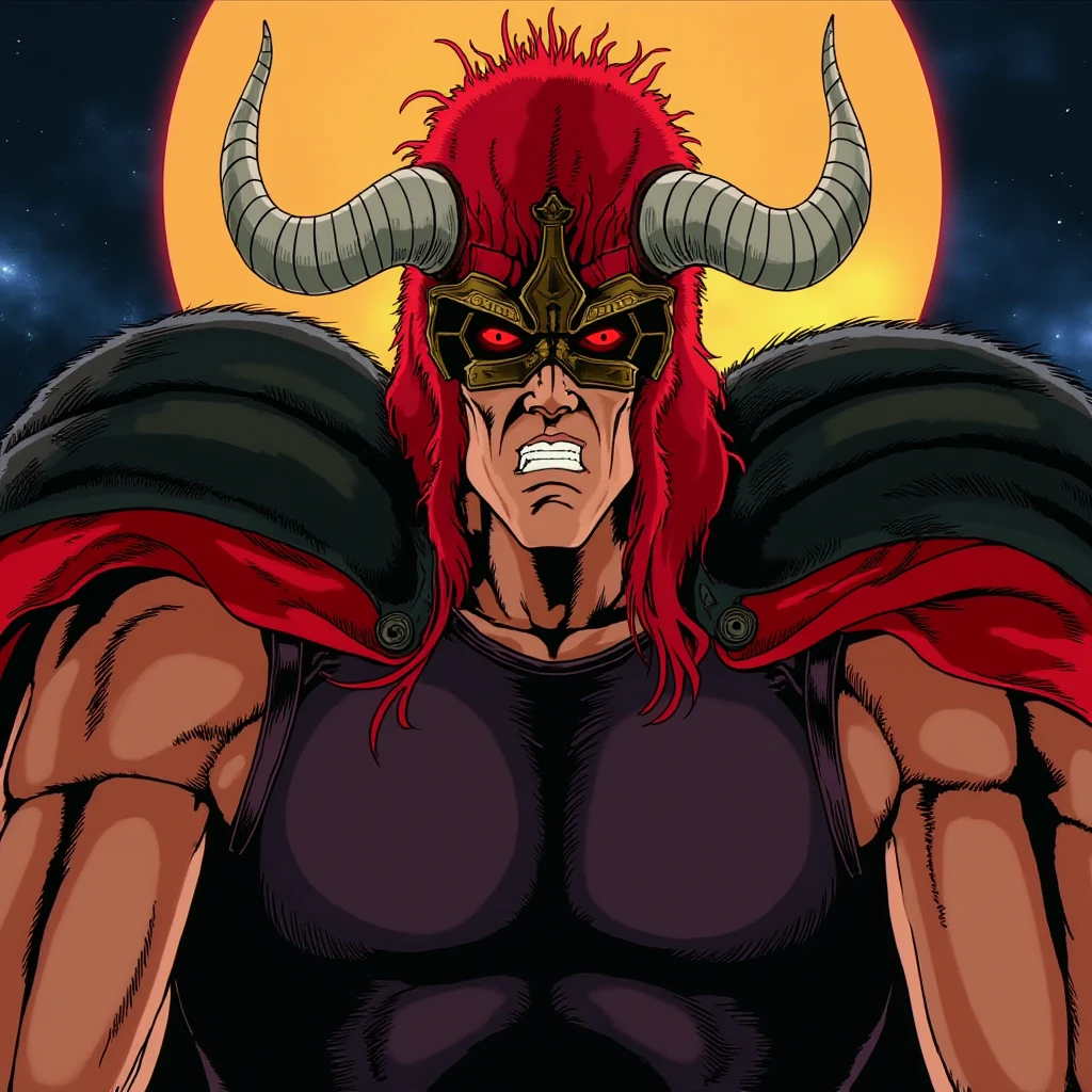 An illustrated image of a muscular warrior with cybernetic mask with horns,
F1sT0fTh3N0rth style