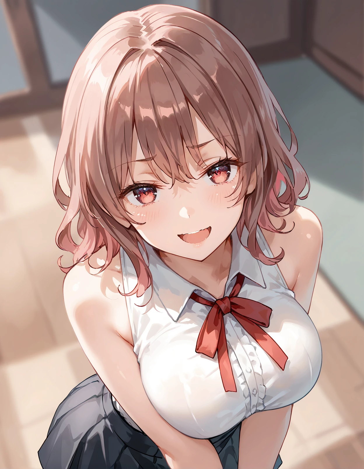 1girl, Anime girl, anime moe art style, Anime visuals of cute girls, Anime Best Girl, yui yuigahama fanart, pretty anime girl, Smooth Anime CG Art, Seductive Anime Girl, charming anime girls, Cute anime girl, Shining eyes, big boobs, ((looking at viewer)), ((smile)), close up, white shirt, upper shirt button off, cleavage, collar bones, light boob cleavage, (portrait), ((( bra))), cleavage, side bun, sitting, office, black panties, thick thighs, black blazer