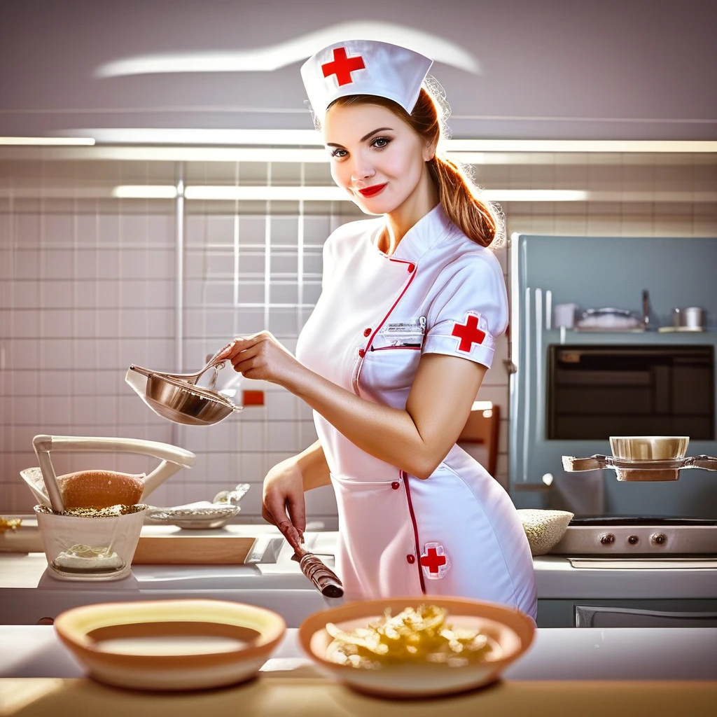 score_7_up, best quality, detailed, studio lighting, realistic, adult, 1woman, nurse, holding, dish detail, indoors, kitchen