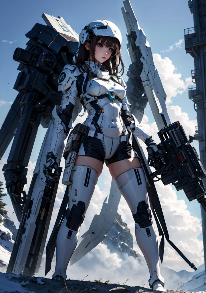 realistic.dramatic light,<lora:4444:0.7>,132stlye, 1girl, bangs, black thighhighs, brown hair,  cloud, helmet, holding, long hair, mecha musume, night,  scenery, shorts, solo, standing, thighhighs, weapon, white bikini, white bodysuit,perfect composition, moist skin, intricate details, masterpiece, best quality, wallpaper, ultra-detailed,
Soft Illumination, Gentle Shading, Subtle Depth,Sharp picture 4k,colorful pictures