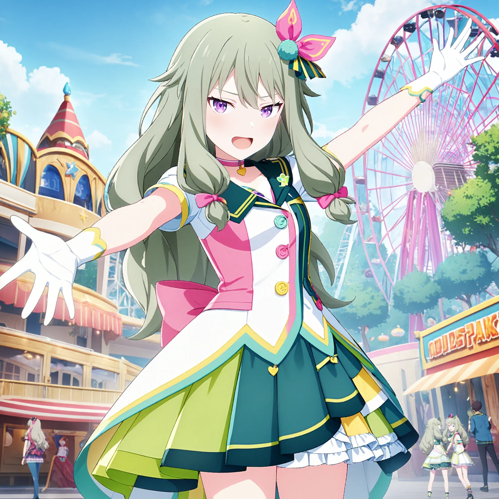 1girl, kusanagi nene, project sekai, masterpiece, very aesthetic, absurdres, official art,
brandnew nene, solo, green long hair, purple eyes, low tight long hair, hair over shoulders, 
(looking at viewer:1.4), arms up, outstretched arms, :D, BREAK
choker, green choker, skirt, short sleeves, dress, hair bow, white elbow gloves, sailor collar, multicolored skirt, ribbon, blue choker, star (symbol), pleated skirt, layered skirt, green skirt, pink choker, hair ribbon, green dress, blue skirt, two-tone dress, official alternate costume, frills, pink bow, pendant choker, white dress, idol clothes, white shirt, pom pom (clothes),
Amusement park, sttractions, theme parks, roller coaster, ferris wheel, fountain, outdoors, blue sky,
<lora:sdxl-ws-BNNene03:0.8:lbw=0,0,0.2,0.2,0,0.4,0.4,0,0.8,0.8,0,0,0,0.8,0.8,0.6,0.8,0.0,0.0,0.0,0,0,0,0,0,0>