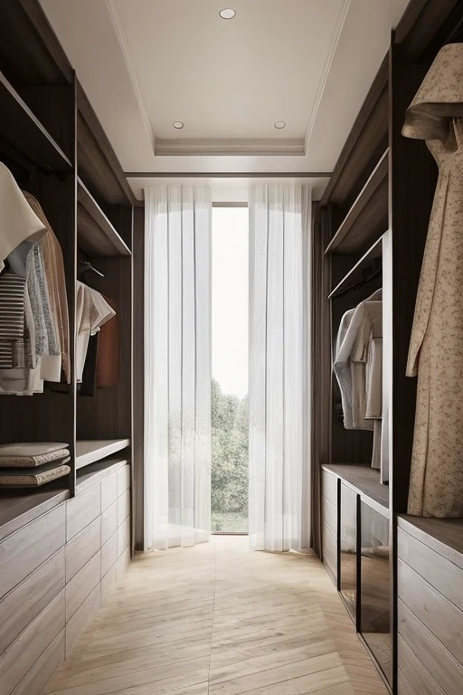 cloakroom,wardrobe,wood flooring,clothes,still life,bestquality,masterpiece,highquality,real,realistic,superdetailed,fulldetail,8K,window,curtain,stool,glass door,