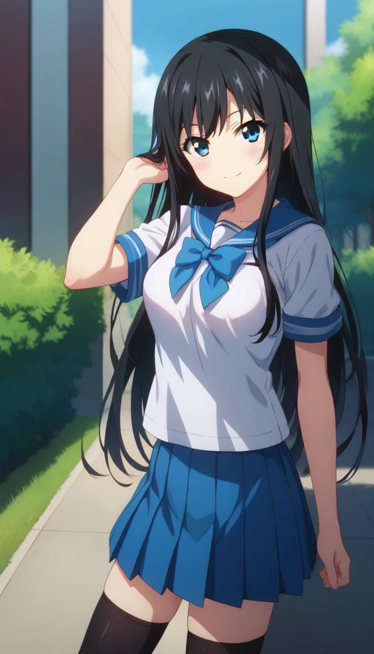 score_9,score_8_up,score_7_up,score_6_up BREAK official art,solo,outdoors,cowboy shot,looking at viewer,facing viewer,smile,blush,(petite:1.5),Minamiya Natsuki,very long hair,black hair,sidelocks,bangs,blue eyes,school uniform,serafuku,blue sailor collar,blue bowtie,blue ribbon,white shirt,short sleeves,medium breasts,miniskirt,blue skirt,pleated skirt,plaid skirt,black thighhighs,zettai ryouiki,loafers,<lora:Minamiya Natsuki(bstb)-Pony:1.4>,