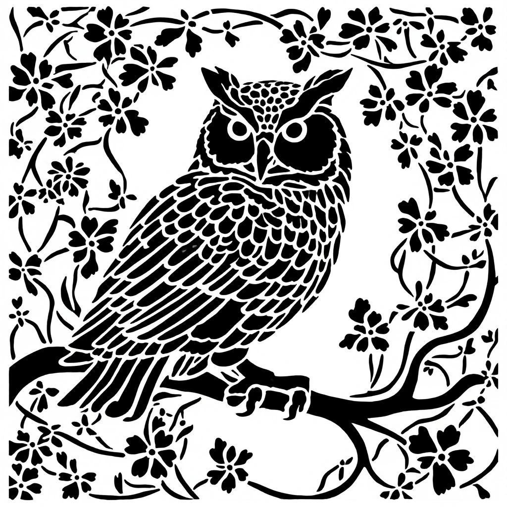 b&w Owl papercut pochoir style  <lora:pochoir-fluxlora:0.8>