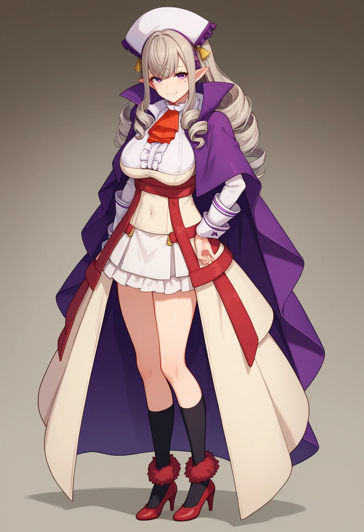 score_9, score_8_up, score_7_up, source_anime, 
BREAK
1girl, solo,  
<lora:shiSophiaV1:0.9>, shiphiadef, grey hair, long hair, purple eyes, drill hair, mole under eye, pointy ears, 
cape, dress, long sleeves, hat, ascot, white skirt, kneehighs, black socks, red footwear, high heels, fur trim, 
large breasts, 
looking at viewer, smile,