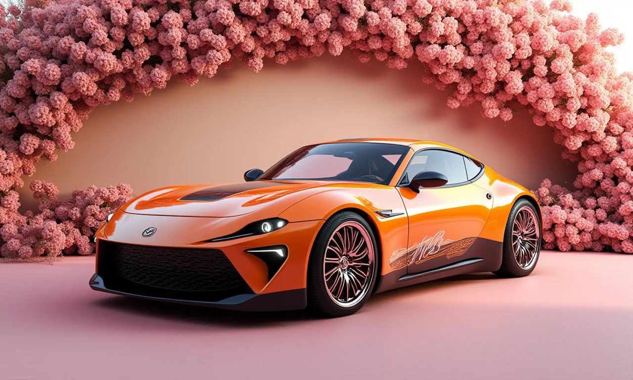 a photo of a 2024 Mazda MX-30 EV,at the Flower-Covered Archway â Beautiful, floral backdrop with soft colors.,This is a highly detailed photo of a sleek, retro-style sports car. The car, painted in a vibrant fancy color with contrasting racing stripes running along the side, has a classic yet futuristic design. The front end features a large grille with a black background and white horizontal lines, flanked by headlights. The hood is smooth and curves into the car's sleek, aerodynamic body. The car's side profile showcases a distinct, muscular design with pronounced wheel arches and a low, wide stance. the car's chrome rims are oversized and intricate, adding to its flashy appearance.
 in the style of  <lora:Pimp my Ride - Flux1.D:1>