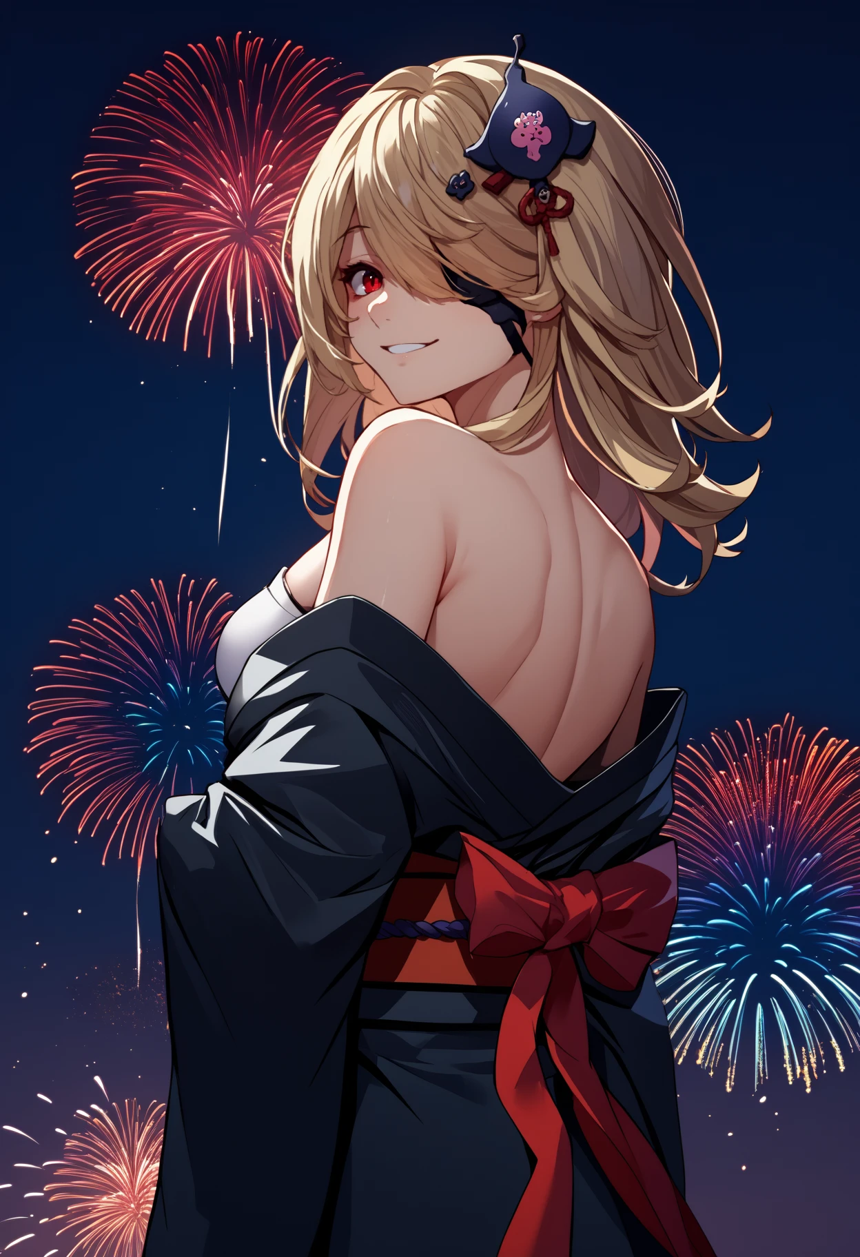 score_9, score_8_up, score_7_up, source_anime, <break> from behind, solo, 1girl, tofn3mesis, smile, looking back, blonde hair, hair over one eye, hair ornament, red eyes, eyepatch, one eye covered, japanese clothes, black kimono, off shoulder, red sash, bare shoulders, fireworks
<segment:yolo-face_yolov8m.pt,0.4,0.5//cid=1>