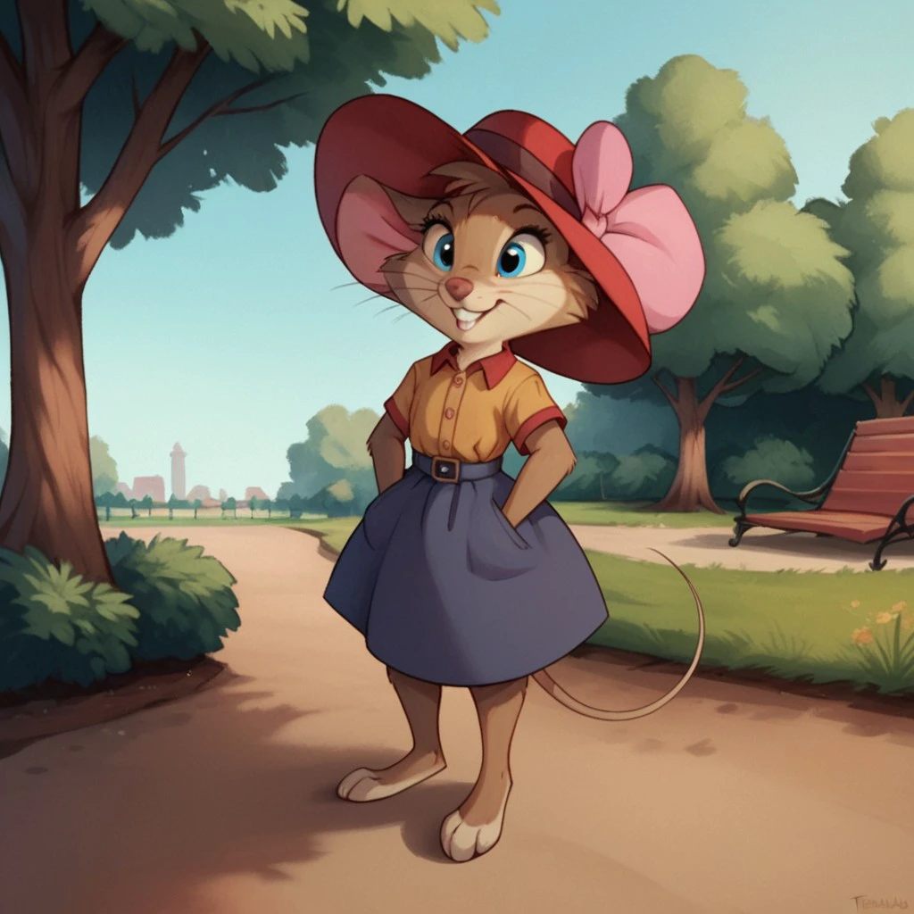 score_9, score_8_up, score_7_up, score_6_up, source_furry, TeresaBris,  female, mouse, brown fur, whiskers, young, blue eyes, pink bow on head, park, barefoot,  solo, 1girl, red gilet with golden buttons, red hat, smile, standing,, <lora:9fabd5fd-a8dc-40a4-b135-a15d958d887d:0.7>