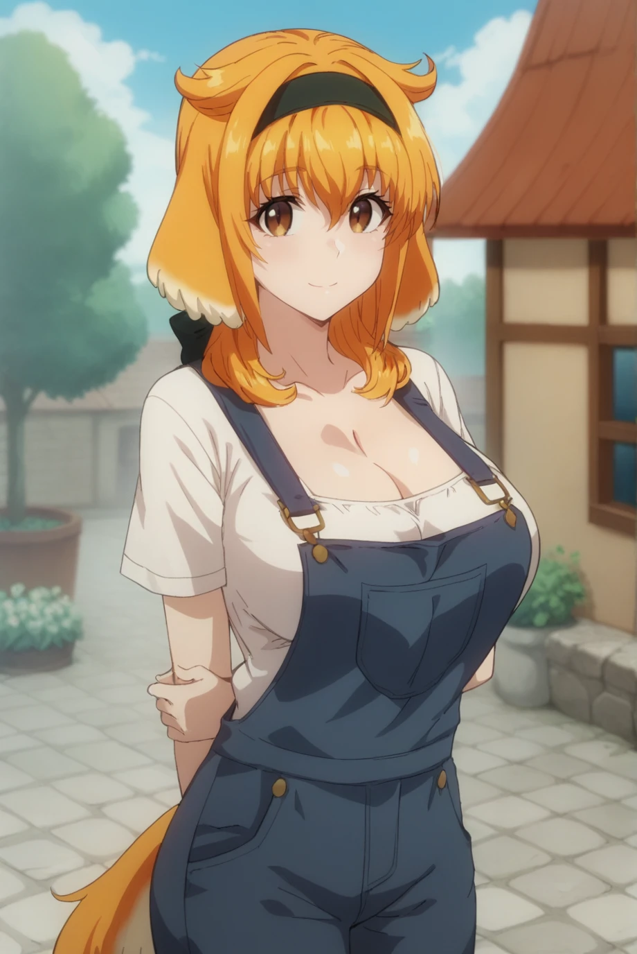 score_9, score_8_up, score_7_up, score_6_up, score_5_up, score_4_up, BREAK source_anime, 1girl, solo,
<lora:RoxanneXL-v1-07:0.8>, ChopioRoxanne, orange hair, short hair with long locks, hair between eyes, dog ears, floppy ears, brown eyes, black hairband, looking at viewer,
fantasy, large breasts, cleavage, shiny skin, dog tail,
outdoors, cottage, garden, potted plant, ivy, cobblestone, blue sky, sunny, smile, cowboy shot,
naked overalls, arms behind back, holding own arm, white shirt, short sleeves,