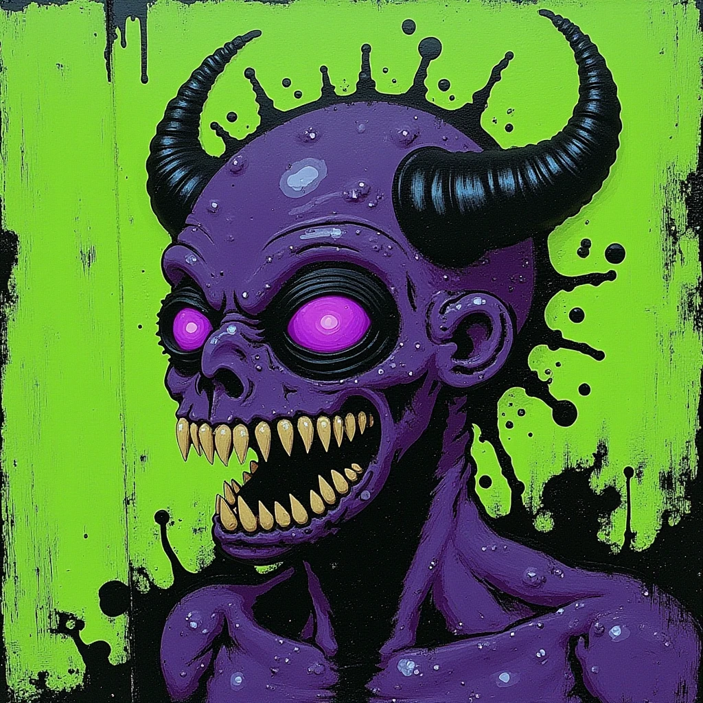 toxic street trash, street art, cybernetic demon, green, purple, black