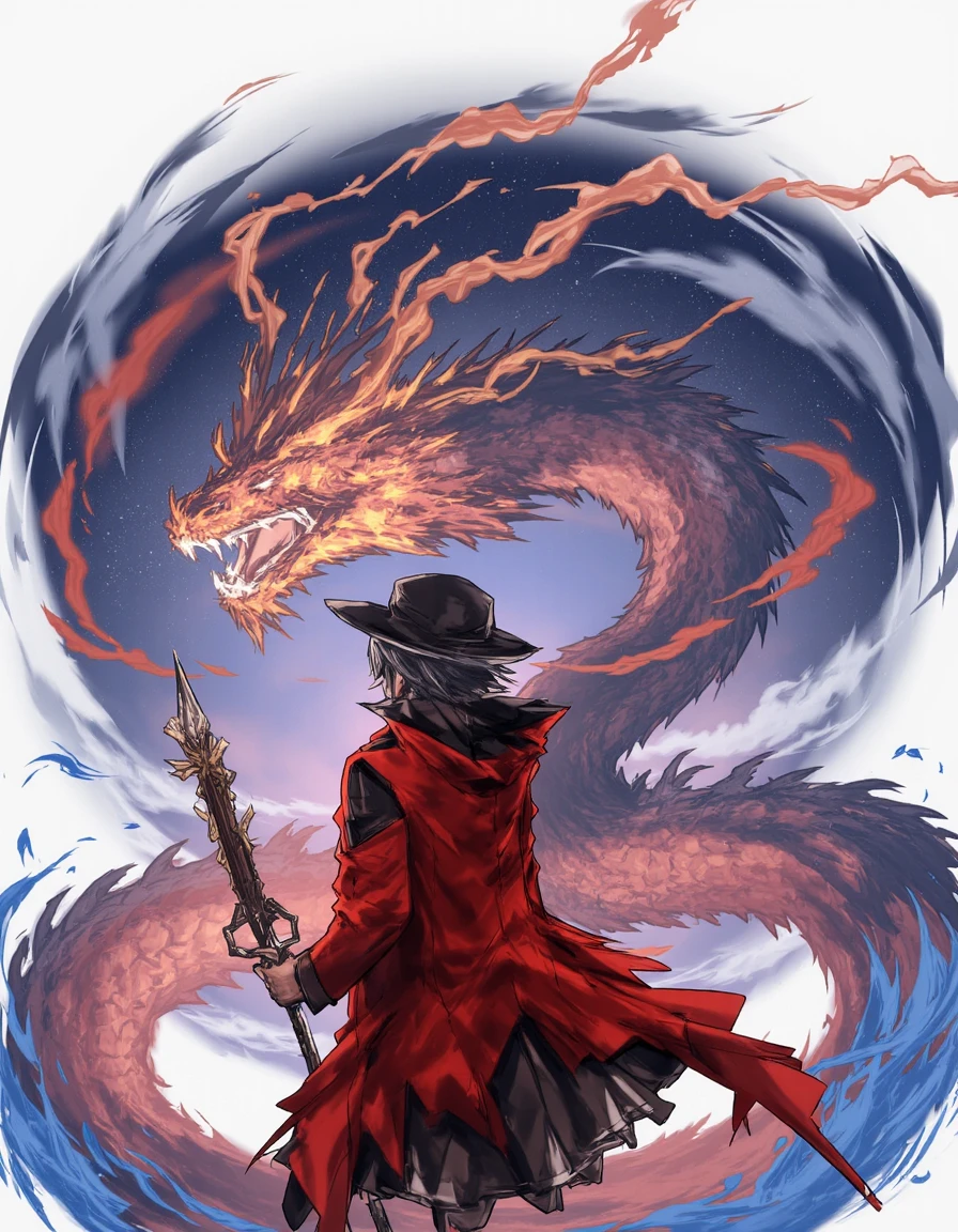 A digital illustration of a man in a red coat holding a sword in front of a dragon. The man is wearing a black hat and has a sword in his hand. The dragon is in the background, with its wings spread out. The image is in the style of gachaak and umesky.