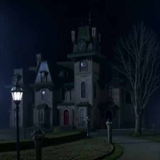 The image is a photograph of a large, old, haunted-looking house at night. The house, a Victorian-style mansion, has a dark, weathered exterior with a slate roof and multiple turrets. The structure is multi-story with several chimneys and a large, illuminated window on the second floor, suggesting a room or attic. The windows are adorned with intricate, possibly Gothic, architectural details. The house appears to be surrounded by a desolate, overgrown yard with a single, bare tree standing to the right of the house, its branches stretching into the dark sky. The sky is a deep, dark blue, almost black, indicating a night scene with no visible moon or stars, and a slight mist or fog obscuring the surroundings. The ground is a muted, dark green, and the overall lighting is dim, casting long, ominous shadows. A streetlight in the foreground, casting a faint glow, stands out against the dark surroundings. The house's facade is illuminated with a soft, eerie glow from the windows, creating a spooky, ominous atmosphere. The texture of the house's exterior appears rough and aged, with peeling paint and weathered wooden elements. This scene is reminiscent of a classic horror or thriller setting, evoking a sense of mystery and unease., addams family, scenery