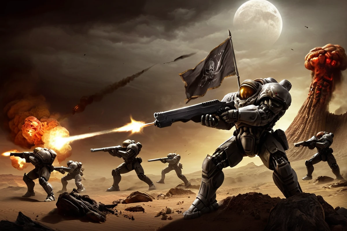 hires digital photo, photorealism, photo, dark background, desert, scifi planet, multiple boys, wearing grey t3rr@np@, holding C14_rifle, firing at monsters running towards them, 1boy standing, holding flag atop a mound of corpses, battle, bayonet, muzzle flash, <lora:TerranMarineXL-000021:1>, intricate details, high resolution,