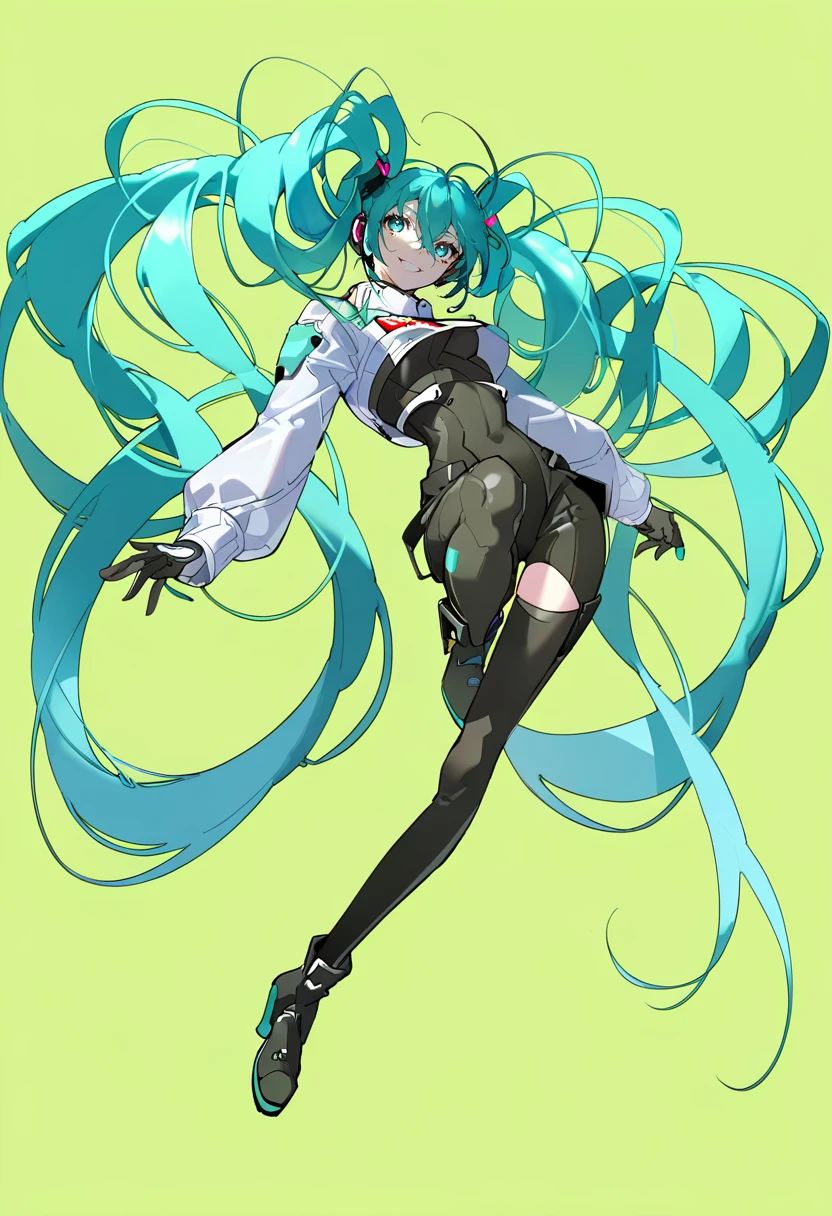 score_9, score_8_up, score_7_up, score_6_up, <lora:yoneyamaiXL_4T_lokrV_53P1:0.95> 1girl, hatsune miku, solo, racing miku, very long hair, long hair, twintails, bodysuit, black bodysuit, aqua hair, yellow background, gloves, thighhighs, smile, simple background, aqua eyes, single thighhigh, boots, looking at viewer, cropped jacket, absurdly long hair, full body, floating hair, jacket, breasts, black gloves, high heels, bangs, white jacket, long sleeves, black footwear, hair between eyes