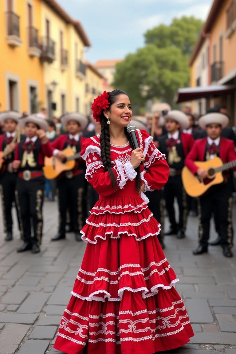 Ana Claudia Talancon wearing a mariachi dress, with braided hair and holding a microphone, standing in the middle of a town Zocalo, singing mariachi songs. A mariachi band plays in the background, creating a lively and vibrant atmosphere. The scene is bathed in warm, natural light, highlighting her authentic attire and passionate performance. Ana Claudia's pose captures the essence of a spirited and engaging musical moment, embodying the rich cultural heritage of mariachi music.