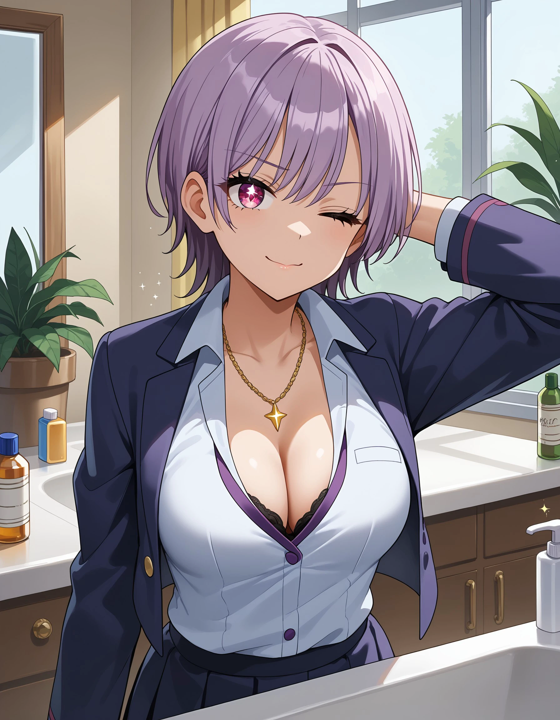 (masterpiece), best quality, expressive eyes, perfect face, jacket, necktie, one eye closed, jacket, shirt, mirror, jewelry, indoors, white shirt, necklace, arm behind head, toothbrush, purple necktie, looking at viewer, breasts, blazer, school uniform, bangs, upper body, sink, sparkle, plant, bottle, cleavage, open jacket, collared shirt, window, weronika, <lora:9978bf9f-40d5-4498-a68a-63b306e8f0fc:0.7>