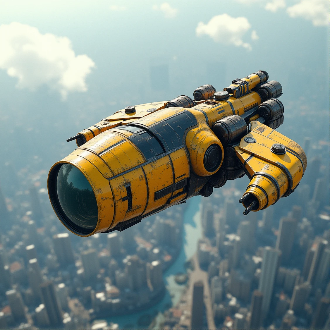 construction-style,an sci-fi aircraft flying over the city