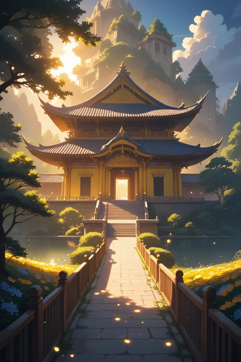 score_9, score_8_up, score_7_up, source_anime, rating_safe, night, twilight, natural lighting, building focus, Datemple, yellow temple, yellow magic, particles, sunrays, sunlight, flowers, intricately detailed illustration, depth of field, atmospheric perspective, long shot, negative space, scenery, high fantasy, yellow theme