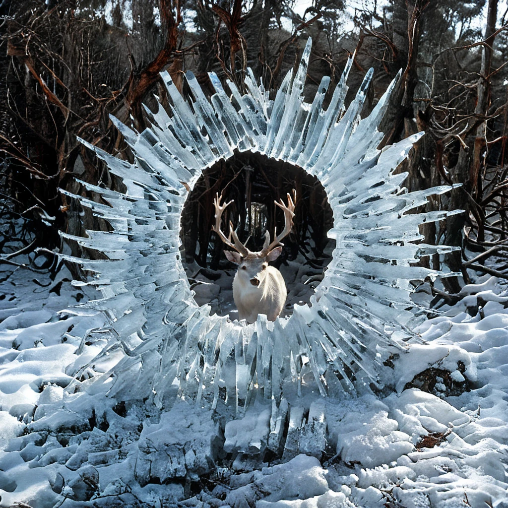 g0ldsw0rthy, nature scene, ice portal, crystalized ice spikes, white deer looking at viewer through the portal, landscape, nature, dead trees, snow, RAW photo <lora:Andy_Goldsworthy:1>