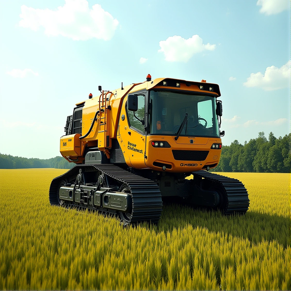 construction-style,a future tractor is TBM-like,working on rice field