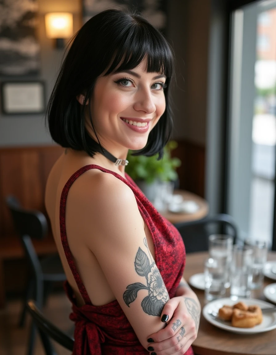 <lora:Charlotte_Sartre_Flux:1>  beautiful detailed photograph, short black hair, tattoos, wearing a dress, standing in cafe looking at the viewer, smiling