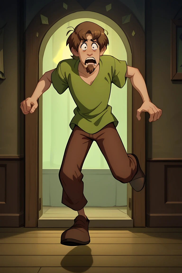 score_9, score_8_up, score_7_up, ShaggyRogers, 1boy, goatee, brown hair, brown pants, green shirt, solo, running, scared, haunted house, night, indoors, dim lighting, ghosts