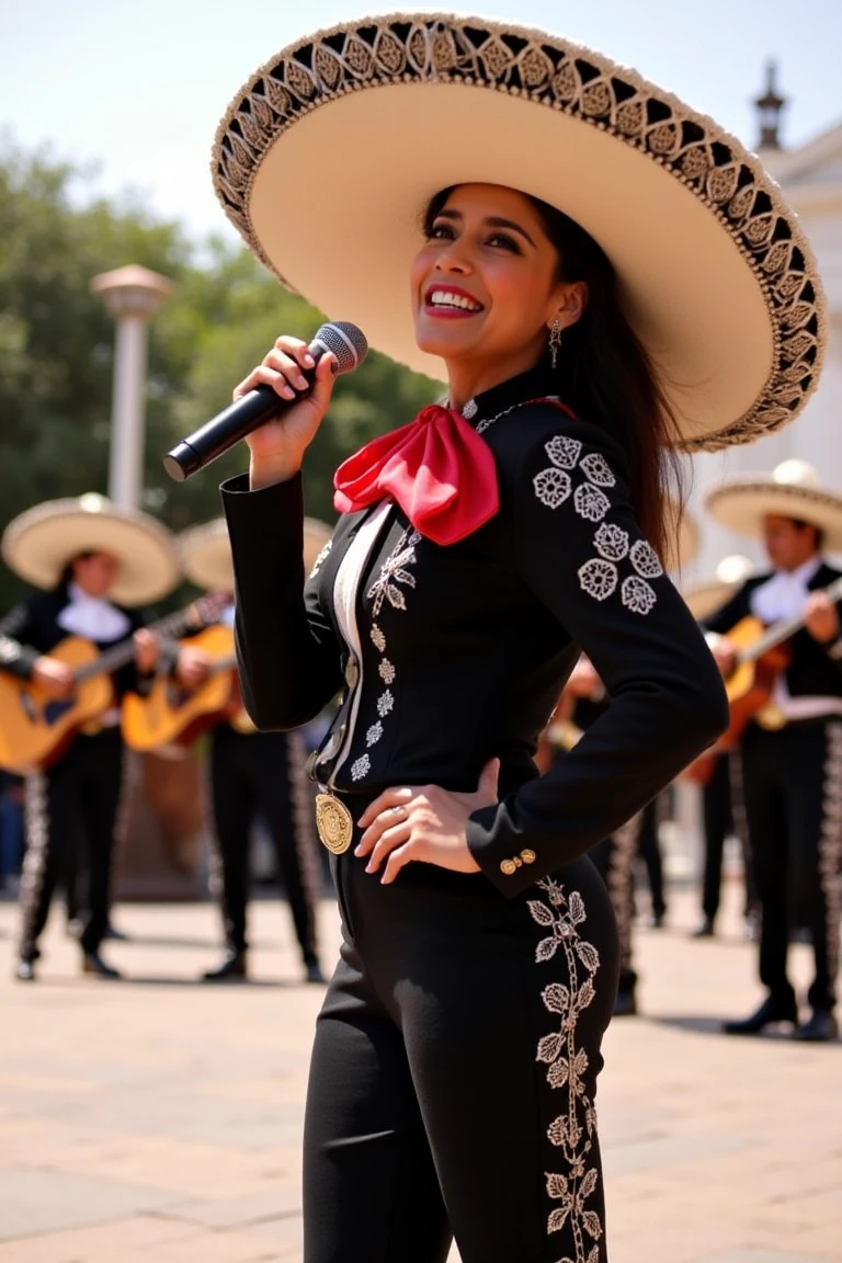 Ana Claudia Talancon wearing a mariachi woman suit with a mariachi hat and holding a microphone, standing in the middle of a town Zocalo, singing mariachi songs. A mariachi band plays in the background, creating a lively and vibrant atmosphere. The scene is bathed in warm, natural light, highlighting her authentic attire and passionate performance. Ana Claudia's pose captures the essence of a spirited and engaging musical moment, embodying the rich cultural heritage of mariachi music.