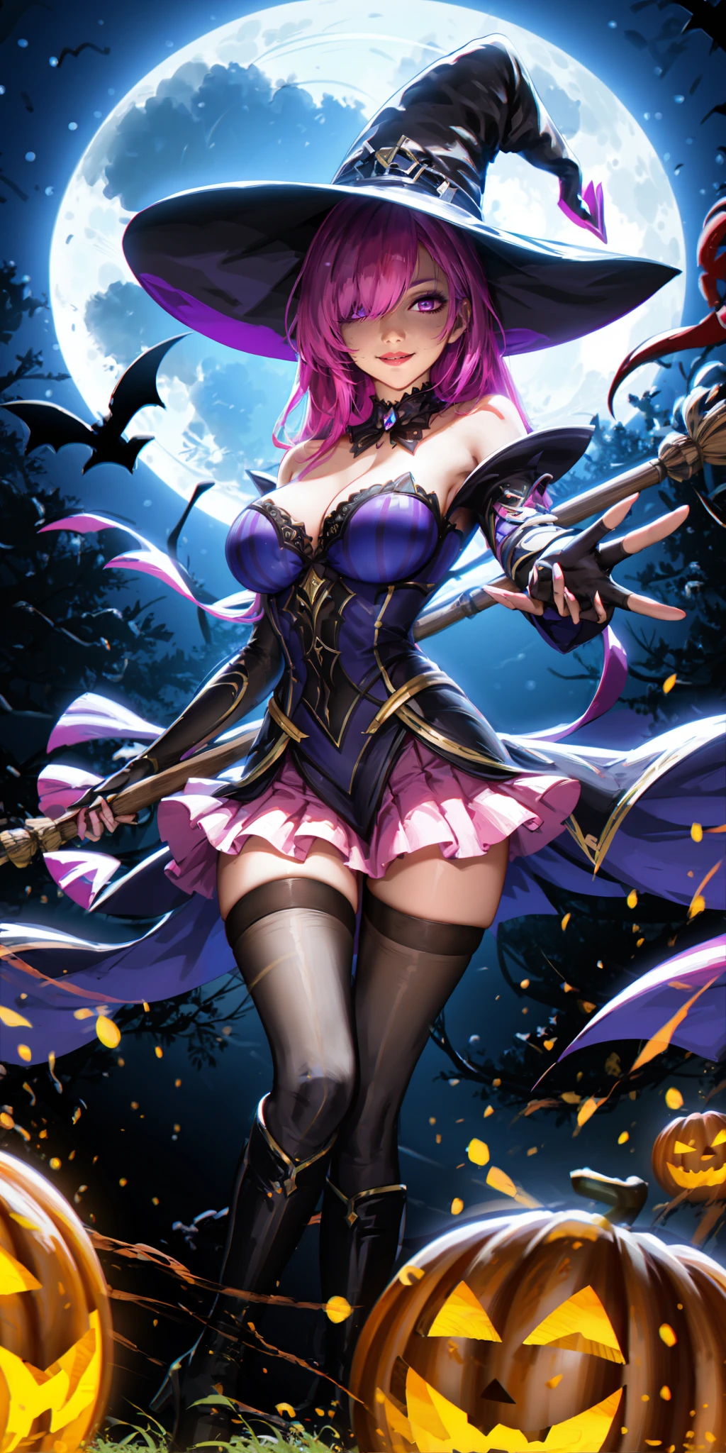 HEZI,Hot girls,Two dimensional,hand drawing,atmosphere,1girl, hat, breasts, witch hat, thighhighs, long hair, cleavage, bare shoulders, night, fire, jack-o'-lantern, large breasts, blue hair, purple eyes, witch, dress, outdoors, detached sleeves, alternate costume, pumpkin, bat \(animal\), gloves, halloween, solo, purple lips, moon, smile, multicolored hair, purple hair, skirt, glowing, makeup, strapless, strapless dress, magic, hair over one eye, gem, broom, lipstick, town, detached collar, official alternate costume, ghost, jewelry, building, striped, running, house, long sleeves, night sky, pink hair, purple dress, cat, pink eyes, looking at viewer, solo focus, medium breasts, sky, halloween costume, zettai ryouiki, gradient hair, full moon, flying, staff, tree, food, horns, purple thighhighs, very long hair, candy, glowing eyes, elbow gloves, bangs, brooch, purple headwear, vertical stripes, armor, moonlight, full body, miniskirt, shoulder armor, tongue, flame, foreshortening, holding, red eyes, lips, boots
<lora:辣妹-000022:0.7>,