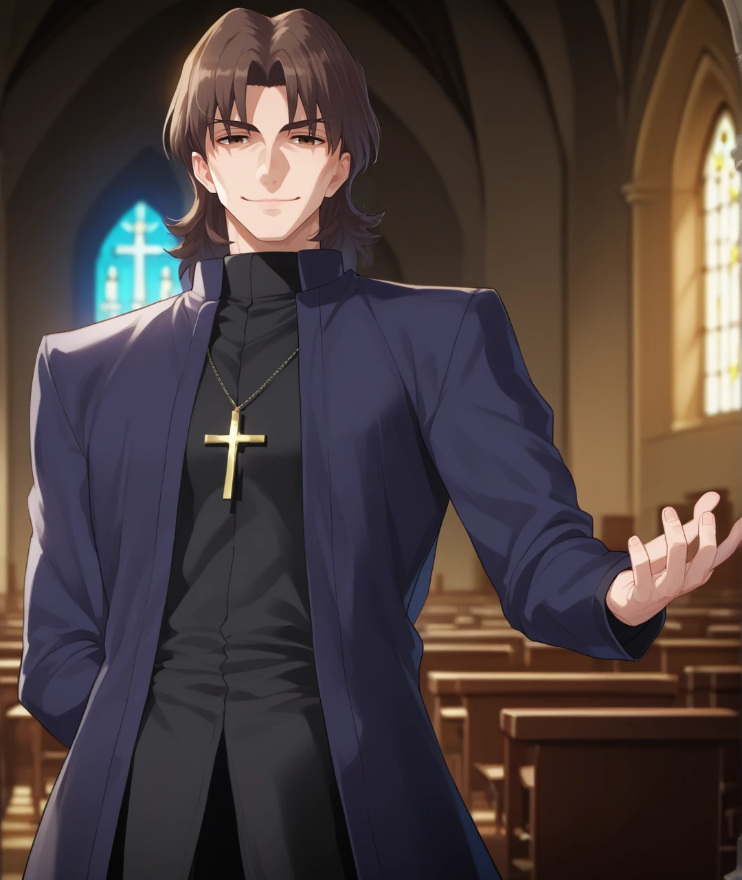 score_9, score_8_up, score_7_up, score_6_up, source_anime, 
BREAK
kotominekirei, kotomine kirei, 1boy, male focus, solo, jewelry, cross necklace, brown hair, cross, necklace, brown eyes, cassock, arm behind back, priest, cheekbones, looking at viewer, long sleeves, smile, upper body, church, hand up, 
<lora:kireikotomine:0.8>