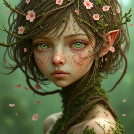 nude, brown hair, petals, tree, green eyes, dryad, monster girl, tree nymph, bug, hair ornament, floating hair, plant girl, tree spirit