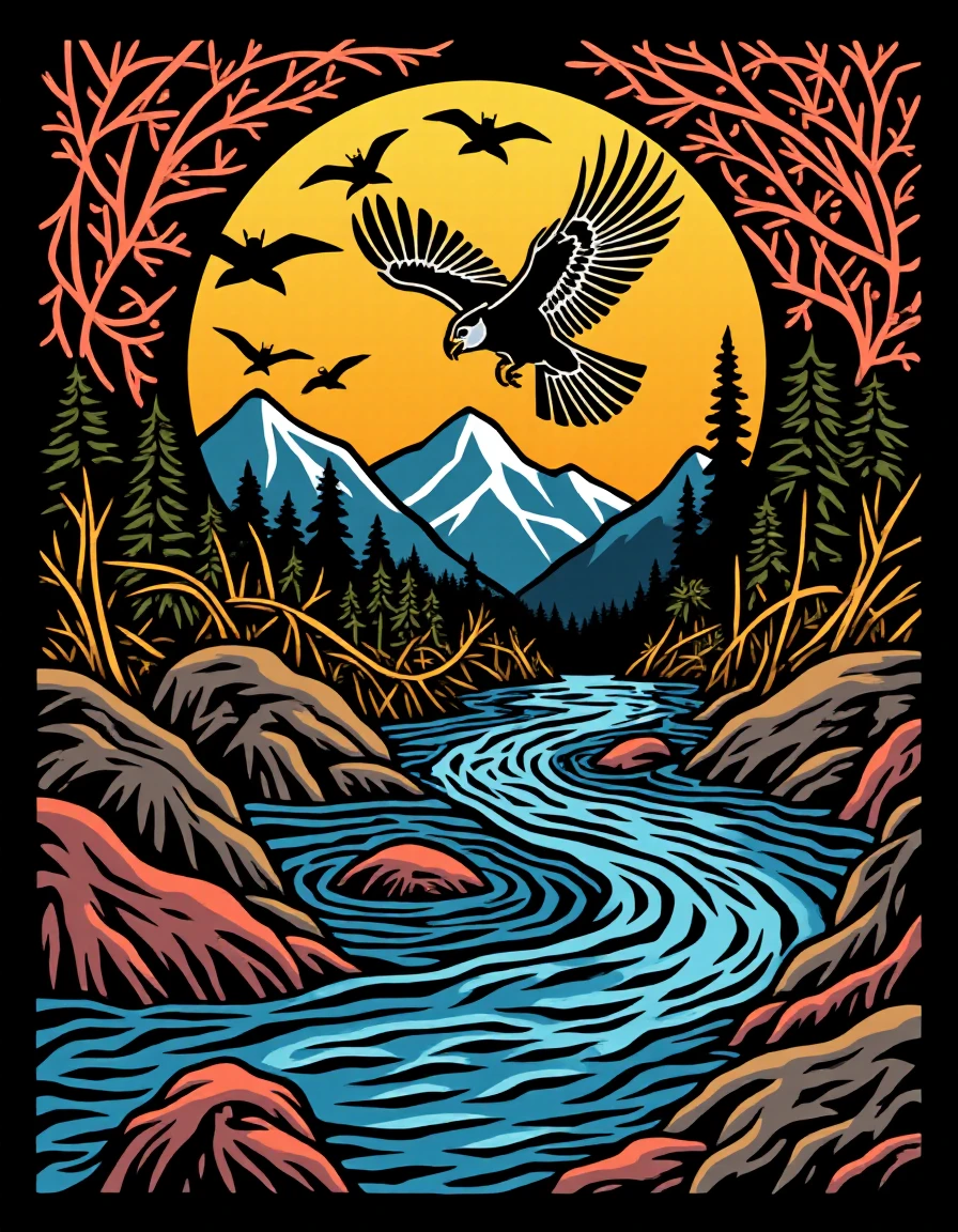 Falcon colored papercut pochoir style with a dark River <lora:pochoir-fluxlora:0.6>