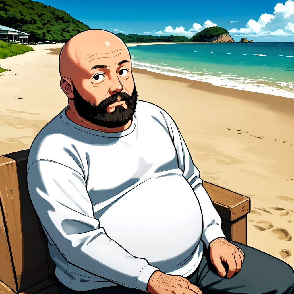 beard bald fat man, <lora:2000s_Poster_Color_SDXL:0.5>, long sleeves, beach, outdoors, sitting, large eyes