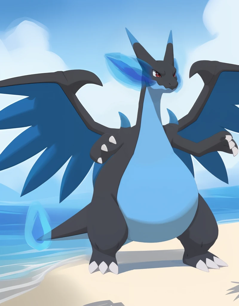 (((detailed eyes, detailed face))), (feral, normal megacharizardx <lora:character_charizard_megax_findigo_v1_normal:0.9>, pokemon, black skin, blue belly, blue wings, blue horns, red eyes, flame-tipped tail, claws), male, (solo), (plump, fat, chubby, overweight), (nude), standing, (arms up), smile, (front view) BREAK (konzaburou, ukan_muri), beach, (flat shading, flat color, high brightness), 8k, UHD, masterpiece, (full body), (flame-tipped tail, blue flame), (((wings)))