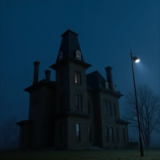 The image is a photograph of a large, old, haunted-looking house at night. The house, a Victorian-style mansion, has a dark, weathered exterior with a slate roof and multiple turrets. The structure is multi-story with several chimneys and a large, illuminated window on the second floor, suggesting a room or attic. The windows are adorned with intricate, possibly Gothic, architectural details. The house appears to be surrounded by a desolate, overgrown yard with a single, bare tree standing to the right of the house, its branches stretching into the dark sky. The sky is a deep, dark blue, almost black, indicating a night scene with no visible moon or stars, and a slight mist or fog obscuring the surroundings. The ground is a muted, dark green, and the overall lighting is dim, casting long, ominous shadows. A streetlight in the foreground, casting a faint glow, stands out against the dark surroundings. The house's facade is illuminated with a soft, eerie glow from the windows, creating a spooky, ominous atmosphere. The texture of the house's exterior appears rough and aged, with peeling paint and weathered wooden elements. This scene is reminiscent of a classic horror or thriller setting, evoking a sense of mystery and unease., addams family, scenery