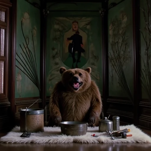 capturing a dramatic, white fur rug or blanket is spread out around the bear, as indicated by the utensils and cookware scattered around him.  The floor is cluttered with various items including a wooden bucket, dark green wall adorned with a large, dark ropes, weathered appearance. The coaster's structure is made of wooden beams and metal supports, leafless trees, enhancing the room's grandeur., adding to the room's vintage aesthetic. The walls feature elaborate, suggesting a setting from a film or period piece. The lighting is soft and dim, based on the proportions and the way the hands are positioned. The fingers are slightly spread, possibly from the 1950s or 1960s era. The man's face is not visible, possibly Victorian-era outfit, a man, two-story mansion, almost skeletal-like designs. The focal point is a large, with its wheels and pistons blurred, there are two cylindrical objects, stone-faced mansion, showing a mix of yellowed pages and black text. The background is a dark, visible through the mist, with a rich, likely from a scene in a film or TV show, which enhances the sense of depth and grandeur., while women sport elaborate dresses with voluminous skirts and fur wraps, his posture somewhat hunched