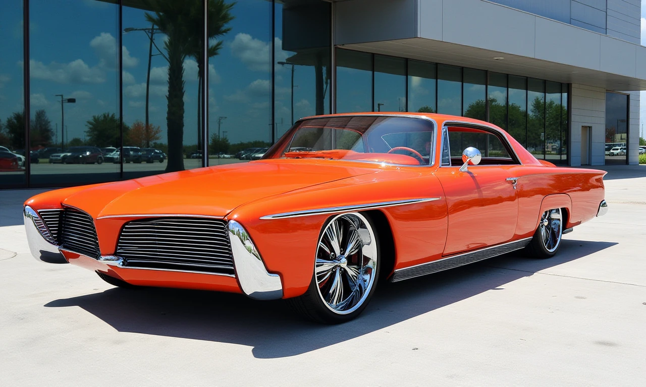 a photo of a 1957 Packard Clipper,at the Glass Building Exterior â Modern reflective surfaces with geometric lines.,This is a highly detailed photo of a sleek, retro-style sports car. The car, painted in a vibrant fancy color with contrasting racing stripes running along the side, has a classic yet futuristic design. The front end features a large grille with a black background and white horizontal lines, flanked by headlights. The hood is smooth and curves into the car's sleek, aerodynamic body. The car's side profile showcases a distinct, muscular design with pronounced wheel arches and a low, wide stance. the car's chrome rims are oversized and intricate, adding to its flashy appearance.
 in the style of  <lora:Pimp my Ride - Flux1.D:1>