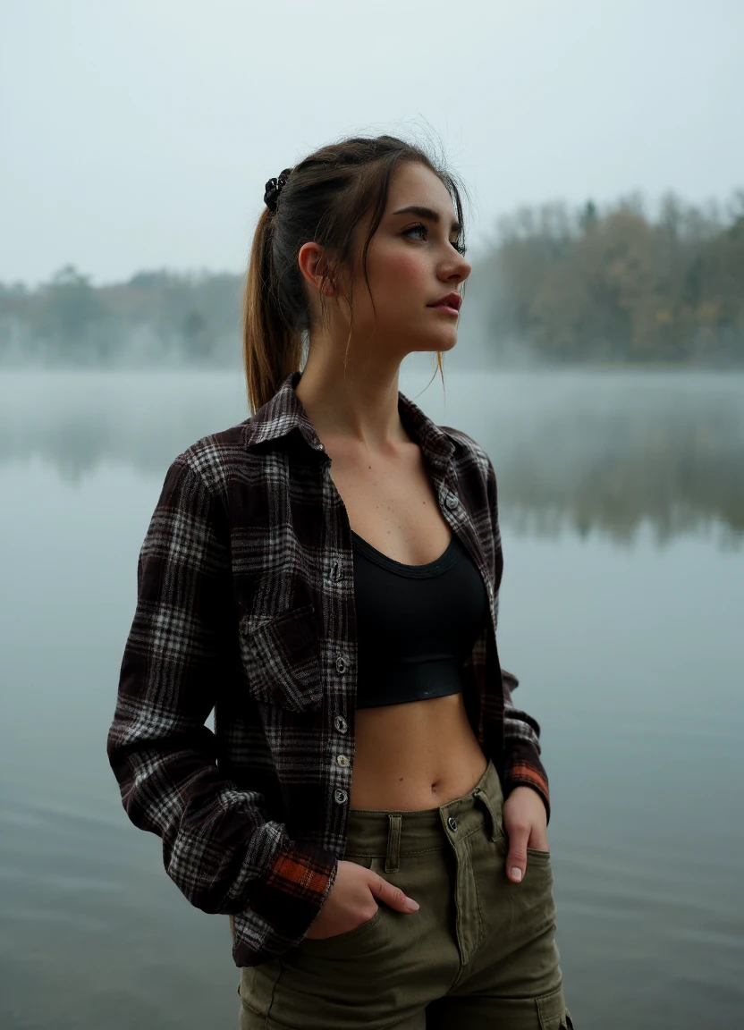 A close up portrait of a woman named 4m3l13. 
She gazes at the serene lakeside, mist gently rising from the still water. 
Her eyes widen in surprise, caught off guard by the unexpected.
She rocks edgy, grunge-inspired makeup with dark lips and smudged eyeliner. 
She wears a loose, button-up flannel shirt over a tank top with cargo pants and hiking boots, ready for an outdoor adventure.  her outfit is sexy and revealing, showing her naked skin.