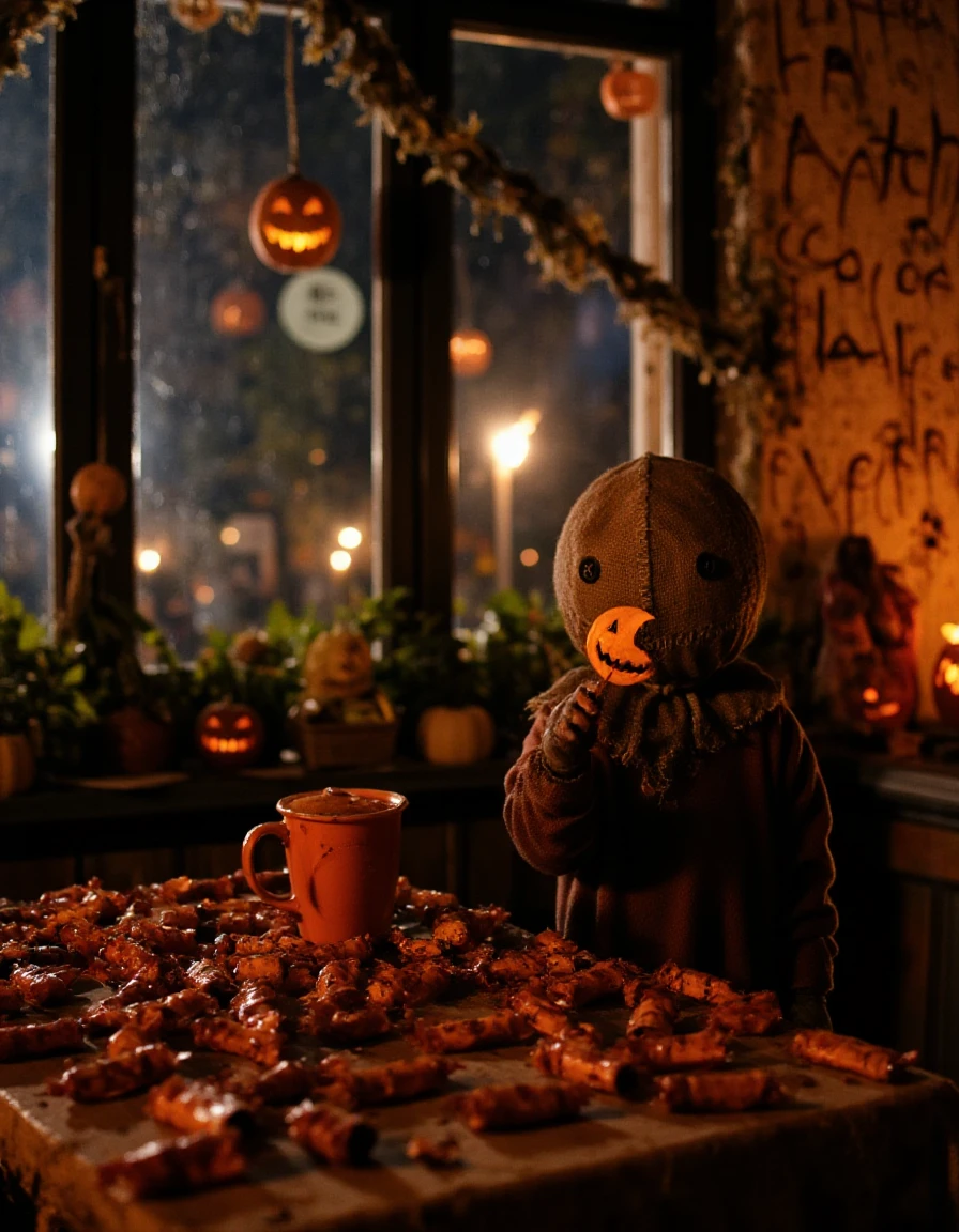 <lora:Sam_Flux:1> halloween night, cafe decorated for halloween,  jack-o-lanterns, sitting drinking a hot coca, table is covered in candy bars.