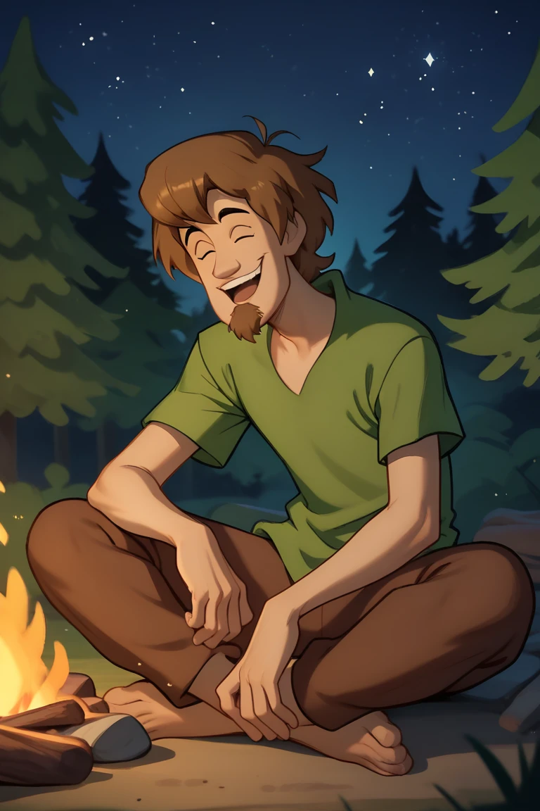 score_9, score_8_up, score_7_up, ShaggyRogers, 1boy, goatee, brown hair, brown pants, green shirt, solo, sitting by campfire, roasting marshmallows, happy, night, outdoors, forest, stars, moonlight