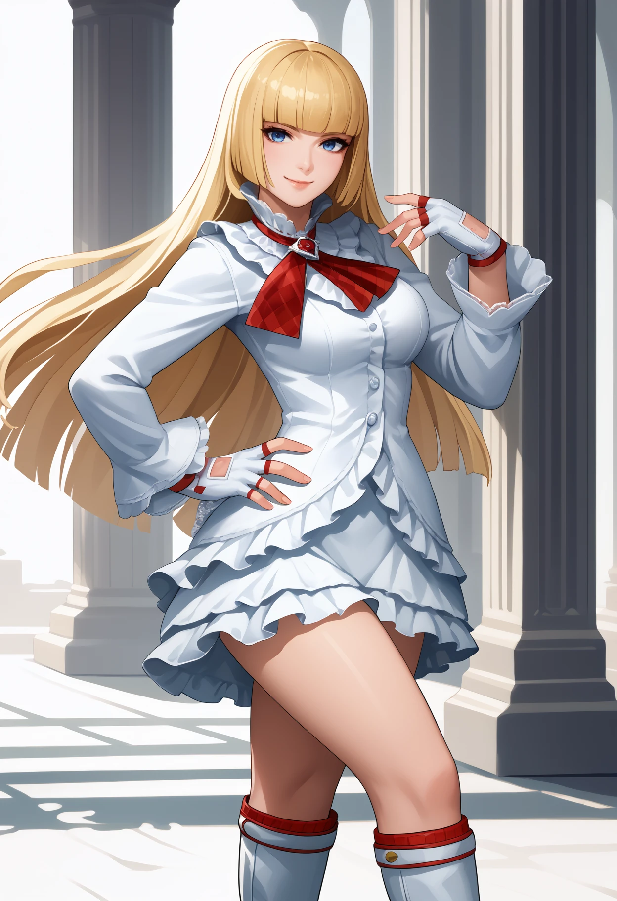 score_9, score_8_up, score_7_up, source_anime, <break> solo, 1girl, emilieog, smile, looking at you, standing, hand on own hip, long hair, blonde hair, blunt bangs, hime cut, blue eyes, frills, white dress, frilled dress, red ascot, long sleeves, white gloves, fingerless gloves, white footwear, knee boots, high heel boots, large breasts
<segment:yolo-face_yolov8m.pt,0.4,0.5//cid=1>