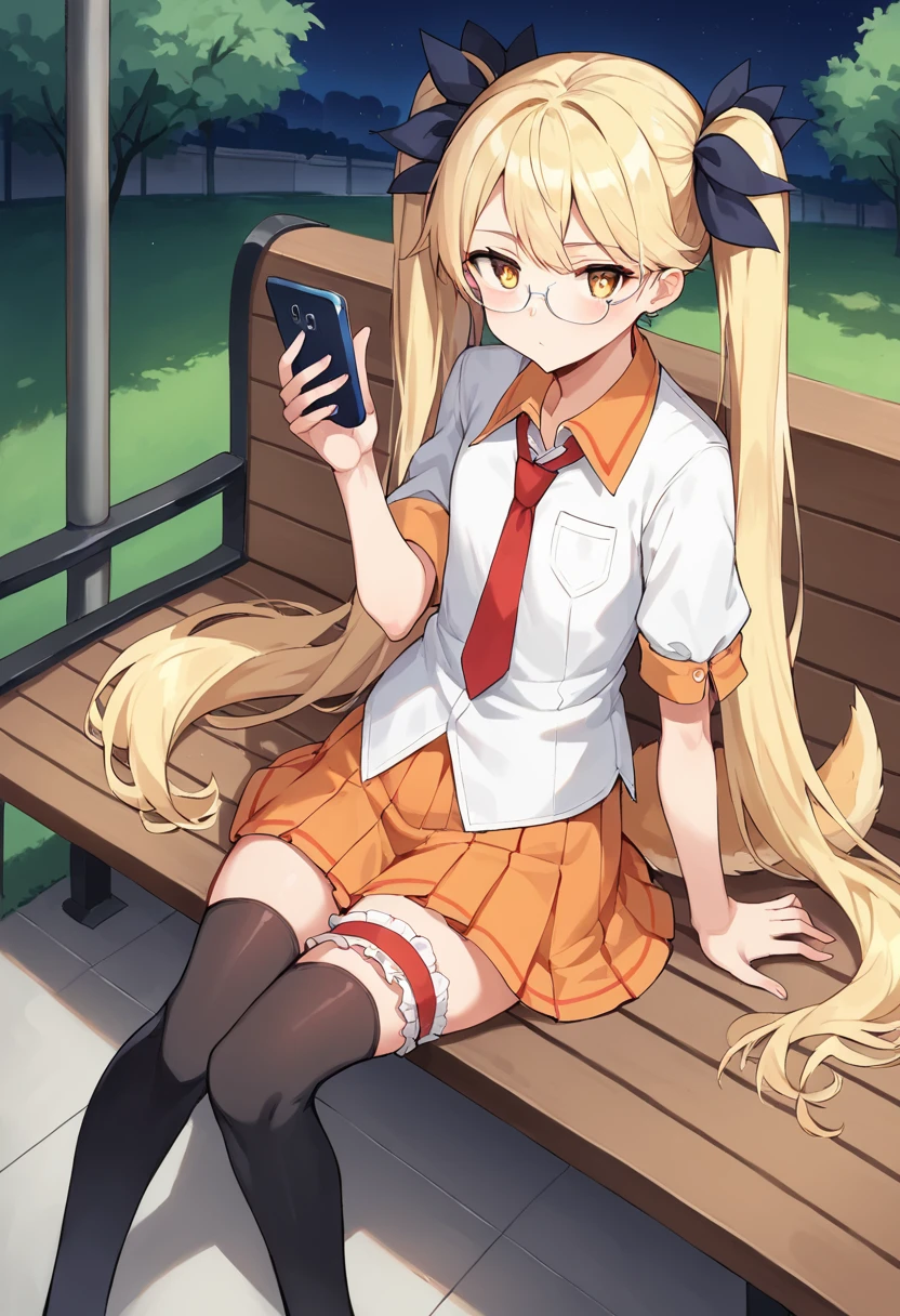 score_9,score_8_up,score_7_up,source_anime,masterpiece,best quality,1girl,solo,little_girl,bright_pupils,cowboy_shot,retoree_(show_by_rock!!),blonde hair,long hair,twintails,very long hair,yellow eyes,glasses,dog tail,hair ribbon,shirt,short_sleeves,red necktie,pleated skirt,orange skirt,black thighhighs,bridal garter,<lora:retoreeSB69:0.9>,looking_at_viewer,park,dynamic_angle,phone,sitting_on_bench,knees_together_feet_apart,night,thinking,