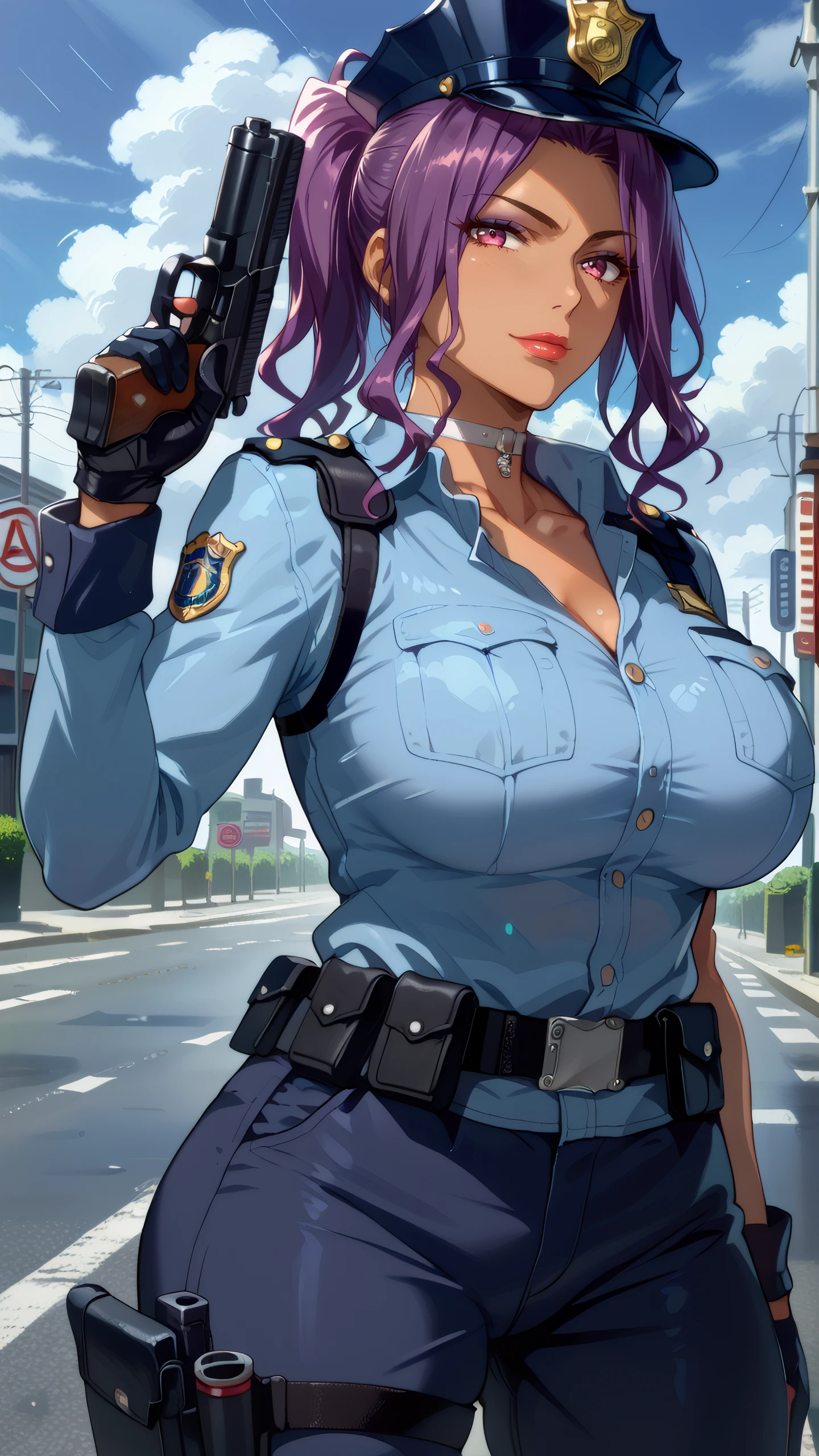 score_9, score_8_up, score_7_up, 1girl, cowboy shot, looking at viewer, 
 <lora:Rika_Minami_Dwnsty:0.8>, rika_minami, pink eyes, purple hair, ponytail, long hair, dark-skinned female, lipstick, makeup, choker, police uniform, policewoman, police hat, thigh holster, 
mature female, large breasts, skindentation, lips, puckered lips, smirk, holding gun, 
outdoors, street, highway, cloudy sky, rain,