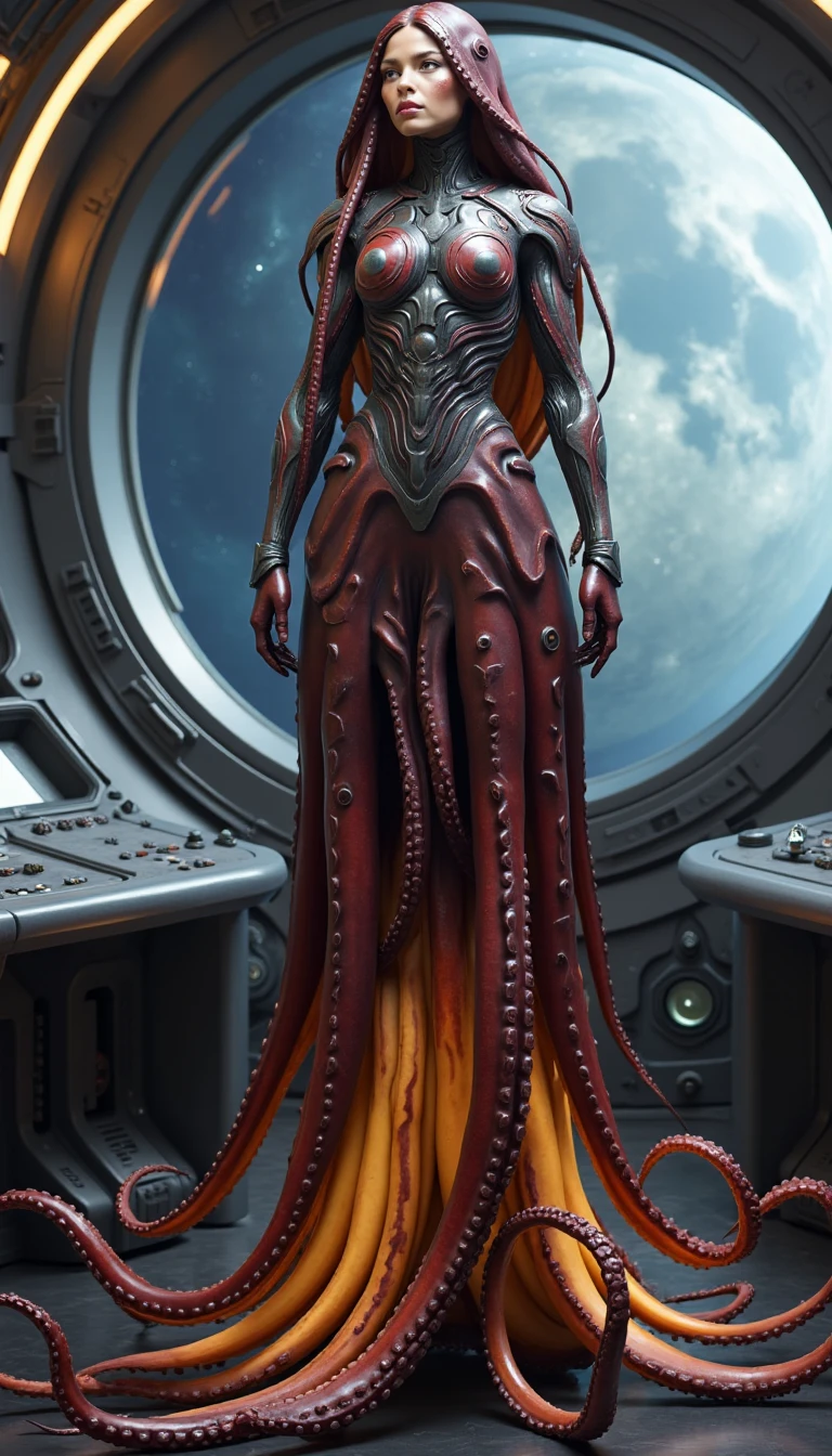 <lora:CephalyraFlux:1>An image of a cephalopod cyborg with tentacles made out of metal. The Cephalyra is on the control deck of a spaceship, with the space visable thorugh a large window. The Cephalyra´s tentacles are of the color Mahogany fading into the color Amber.