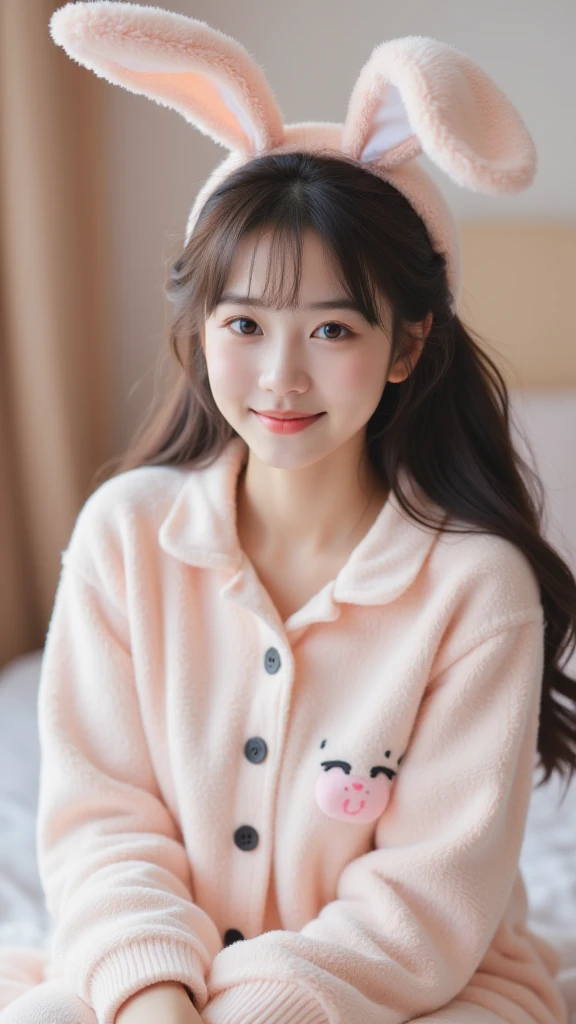 chinese girl smile,realistic photography,half body,Plush rabbit pajamas,sit