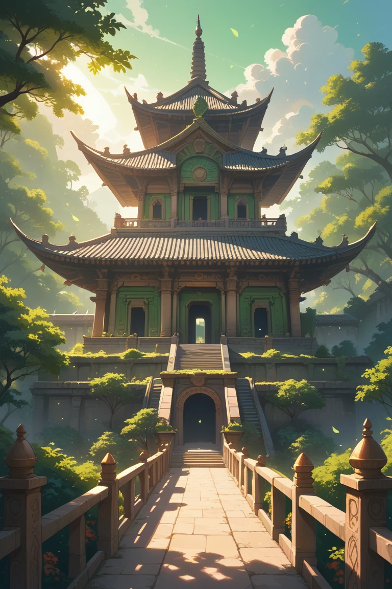 score_9, score_8_up, score_7_up, source_anime, rating_safe, day, natural lighting, building focus, Datemple, green temple, green magic, particles, stone towers, giant leaves, sunlight, intricately detailed illustration, depth of field, atmospheric perspective, long shot, negative space, scenery, high fantasy, green theme