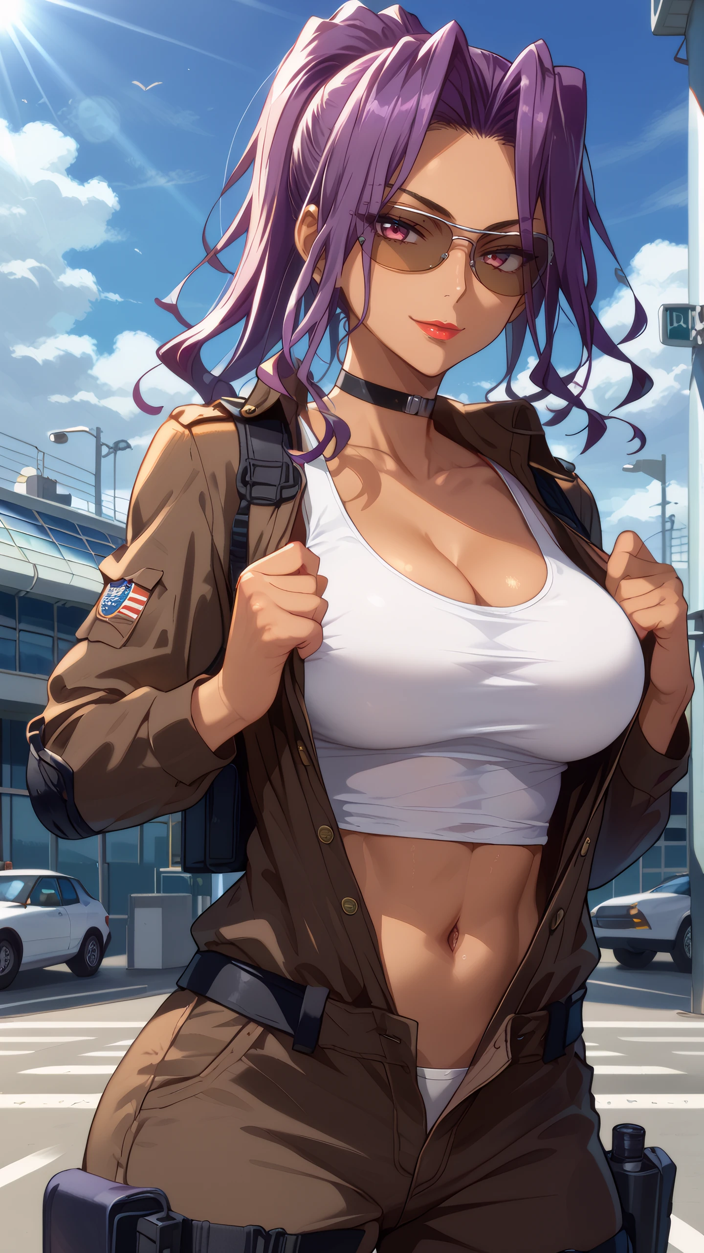 score_9, score_8_up, score_7_up, 1girl, looking at viewer, cowboy shot, 
 <lora:Rika_Minami_Dwnsty:0.8>, rika_minami, pink eyes, purple hair, ponytail, long hair, dark-skinned female, lipstick, makeup, choker, uniform, knee pads, sunglasses, tactical clothes, white tank top, partially unbuttoned, long sleeves, navel,
mature female, large breasts, skindentation, lips, smirk, naughty face, hands up, undressing, 
outdoors, airport, sunlight, blue sky,